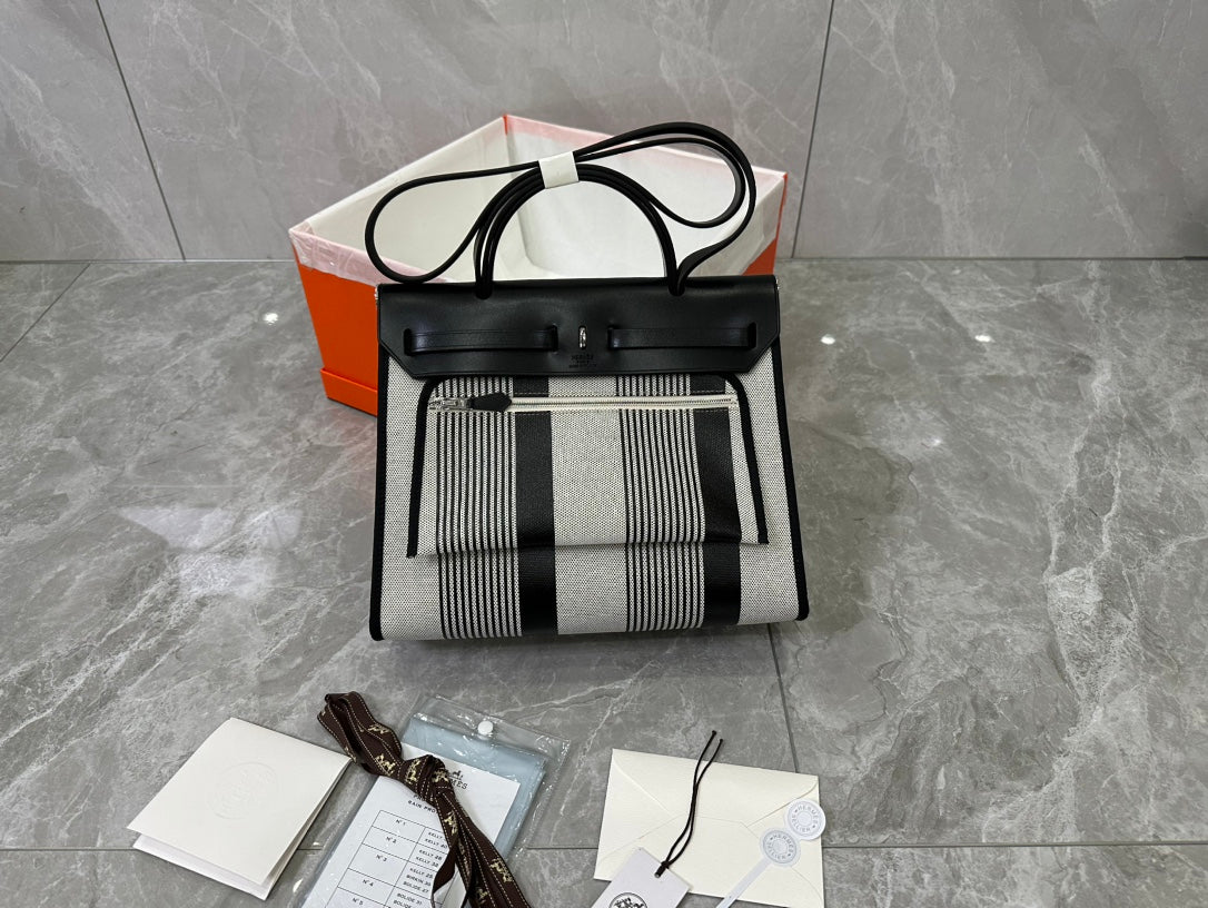 Luxury Canvas and Leather Top Handle Bag - Black and Grey H Pattern Crossbody