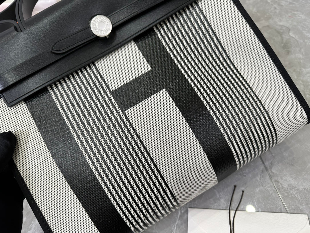 Luxury Canvas and Leather Top Handle Bag - Black and Grey H Pattern Crossbody