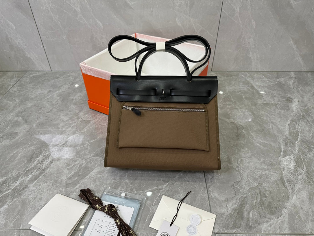 Brown and Black Canvas Top Handle Bag with Leather Trim and Silver Hardware