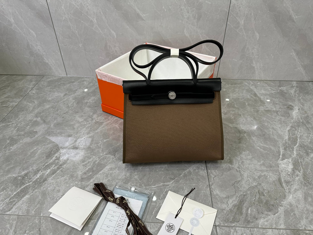 Brown and Black Canvas Top Handle Bag with Leather Trim and Silver Hardware