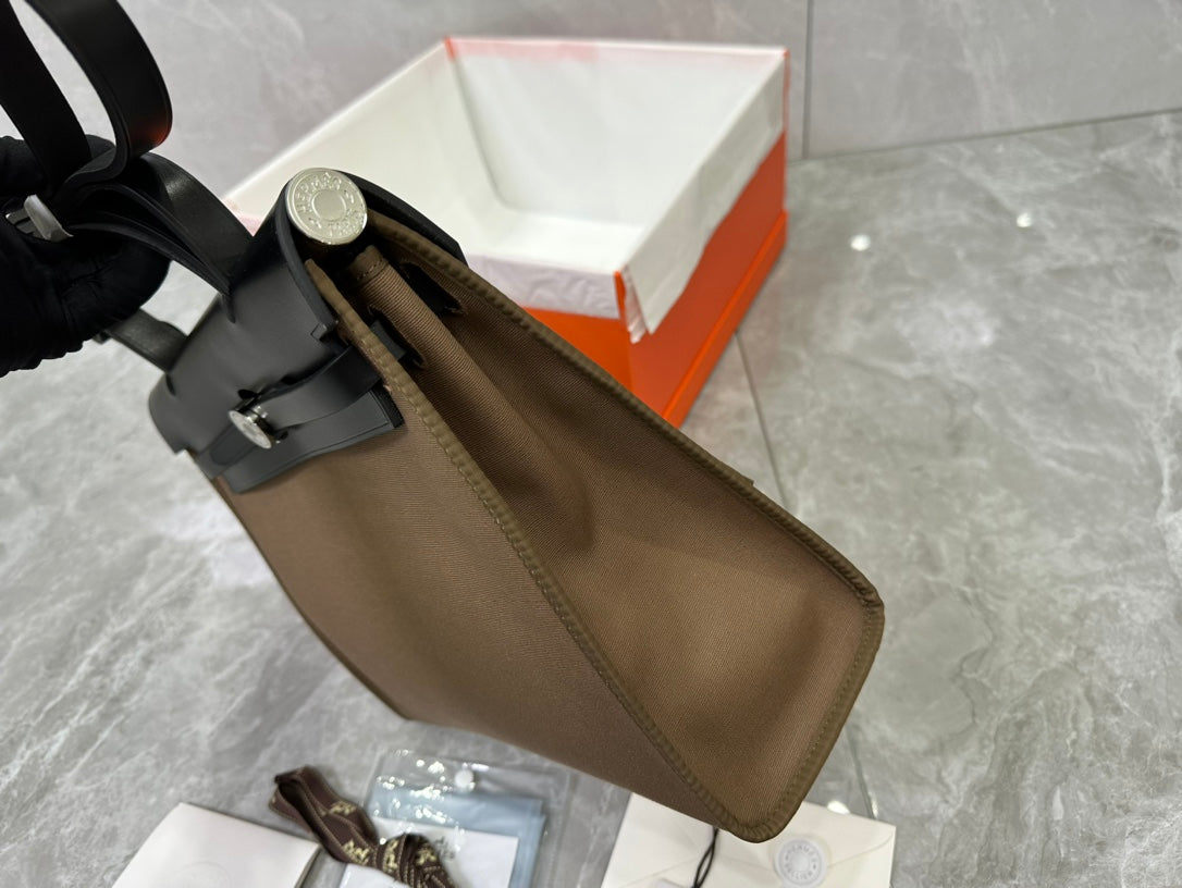 Brown and Black Canvas Top Handle Bag with Leather Trim and Silver Hardware