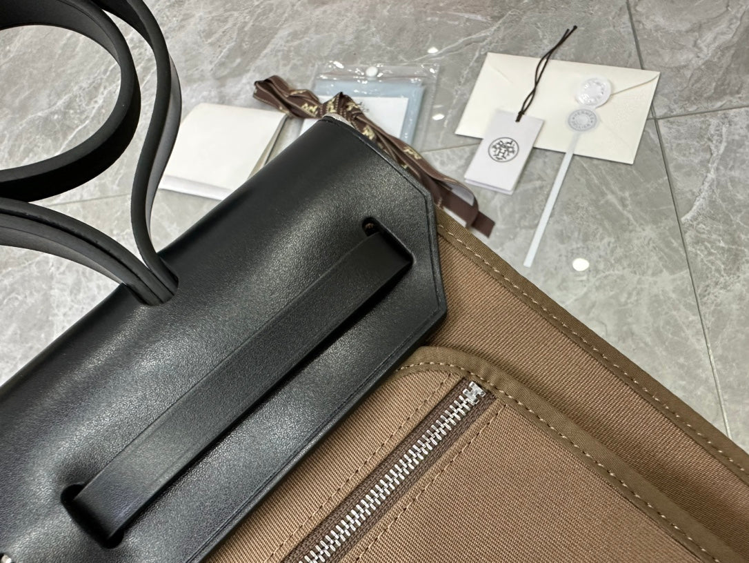 Brown and Black Canvas Top Handle Bag with Leather Trim and Silver Hardware