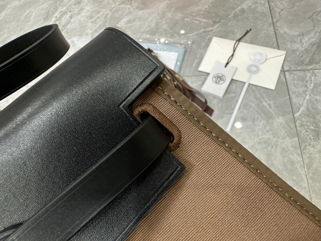 Brown and Black Canvas Top Handle Bag with Leather Trim and Silver Hardware