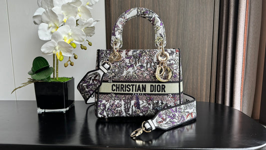Christian Dior Medium Lady D-Lite Bag - Grey Toile de Jouy Reverse Embroidery