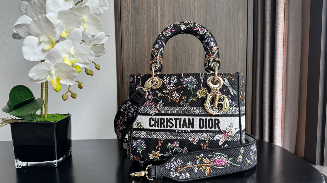 Christian Dior Medium Lady D-Lite Bag - Black Floral Embroidered Canvas