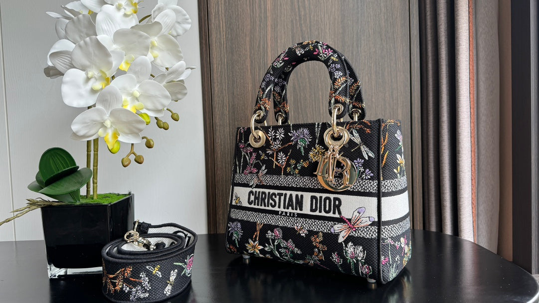 Christian Dior Medium Lady D-Lite Bag - Black Floral Embroidered Canvas