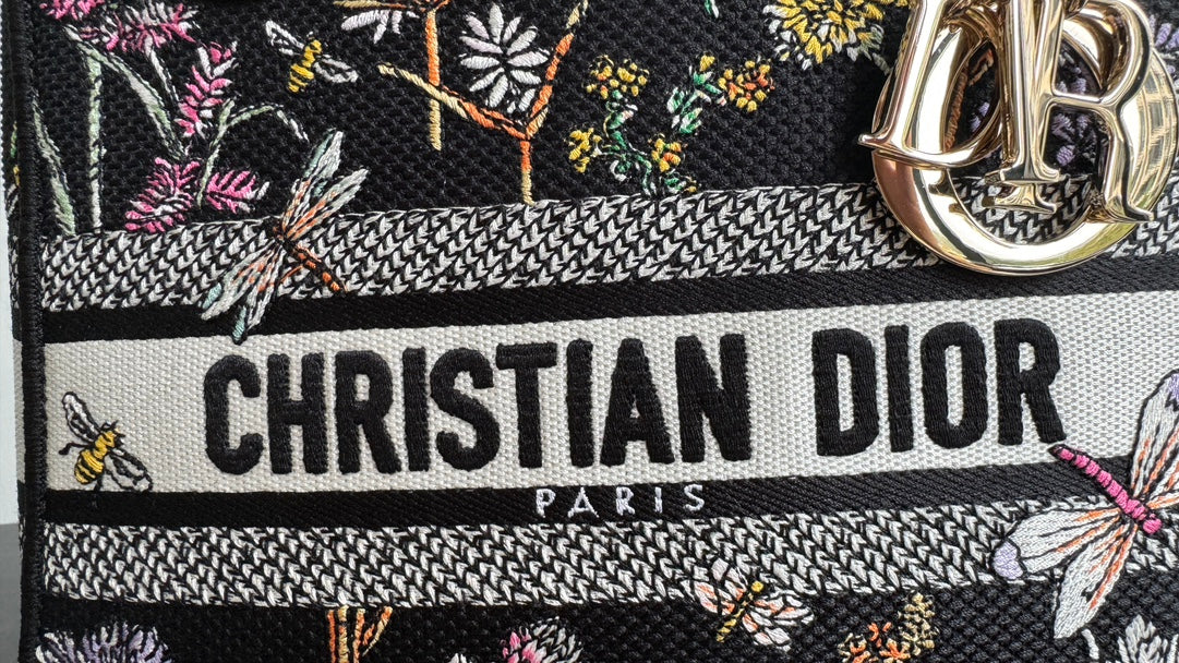 Christian Dior Medium Lady D-Lite Bag - Black Floral Embroidered Canvas