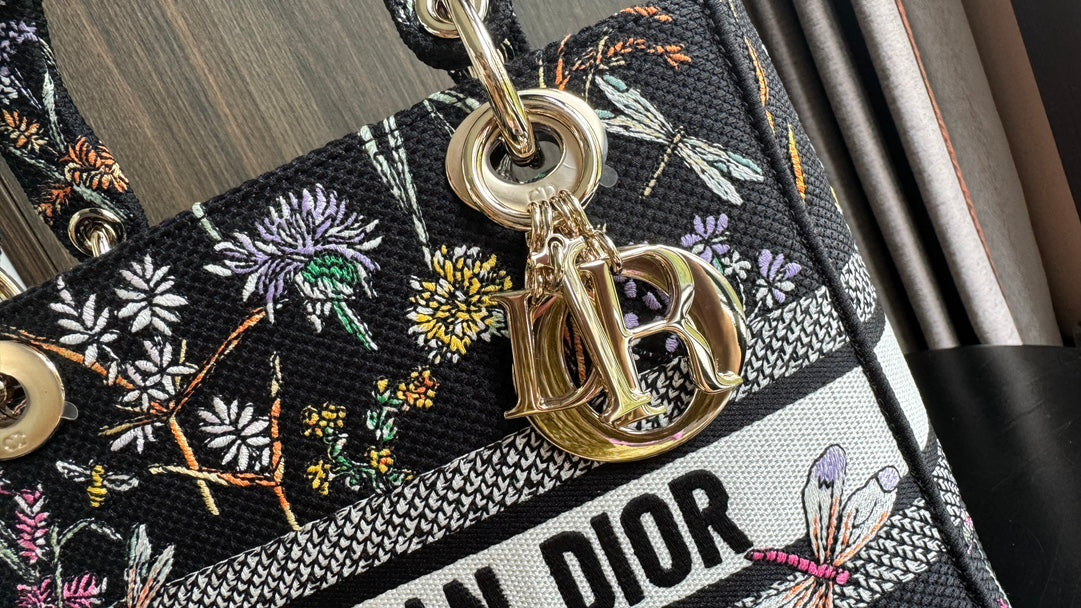 Christian Dior Medium Lady D-Lite Bag - Black Floral Embroidered Canvas