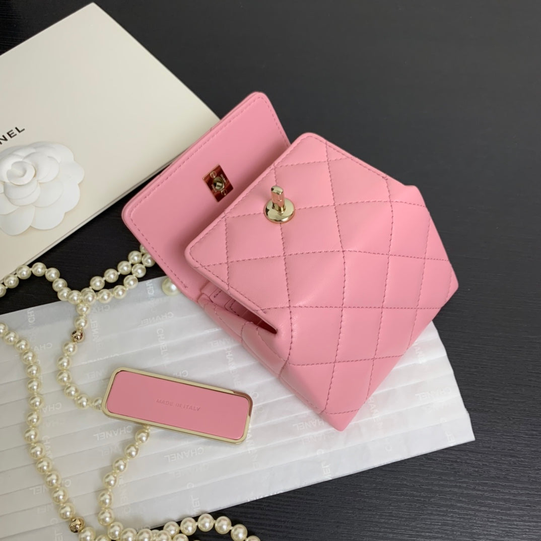 Chanel Pink Quilted Lambskin Leather Card Holder on Chain with Pearl Strap