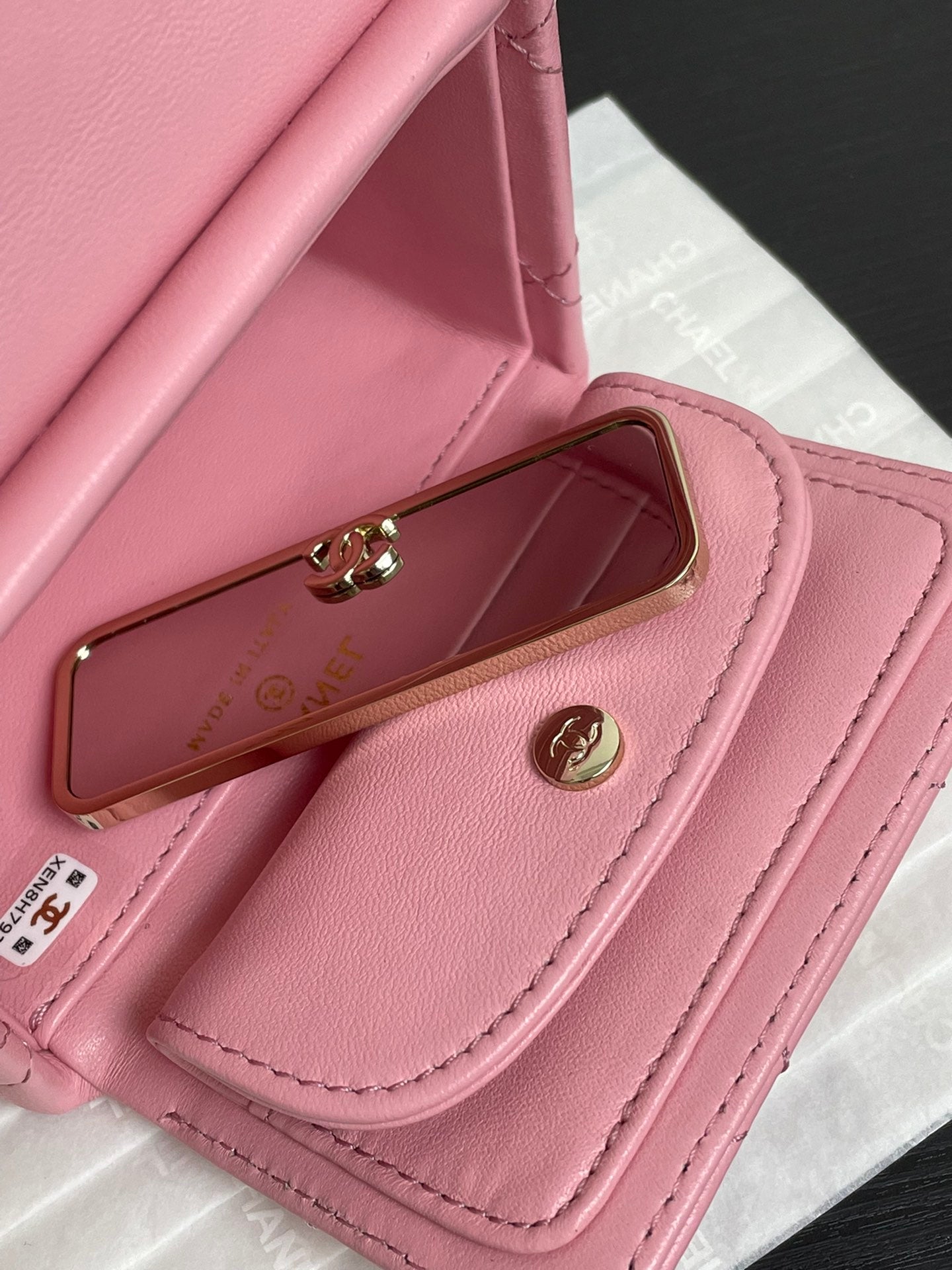 Chanel Pink Quilted Lambskin Leather Card Holder on Chain with Pearl Strap