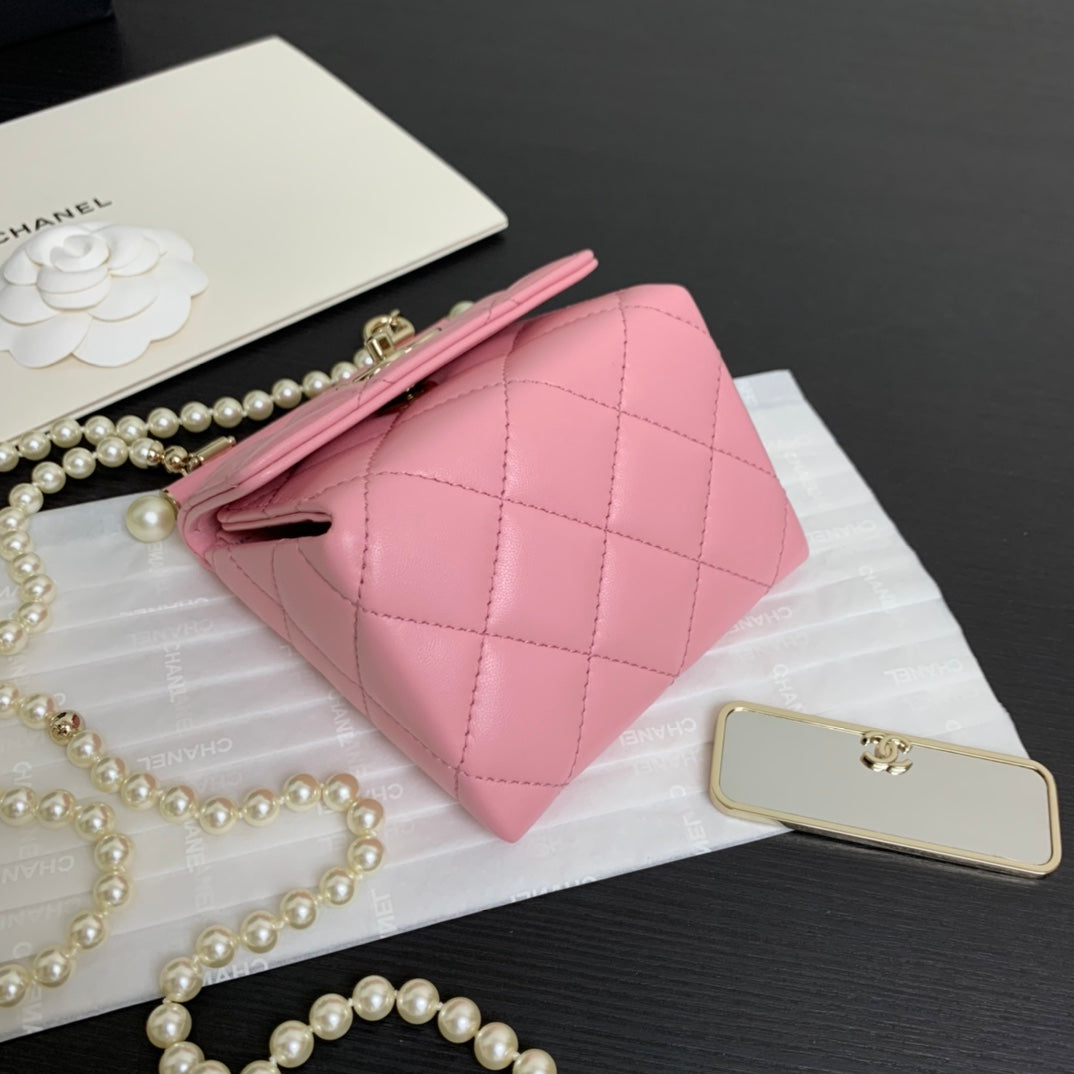 Chanel Pink Quilted Lambskin Leather Card Holder on Chain with Pearl Strap