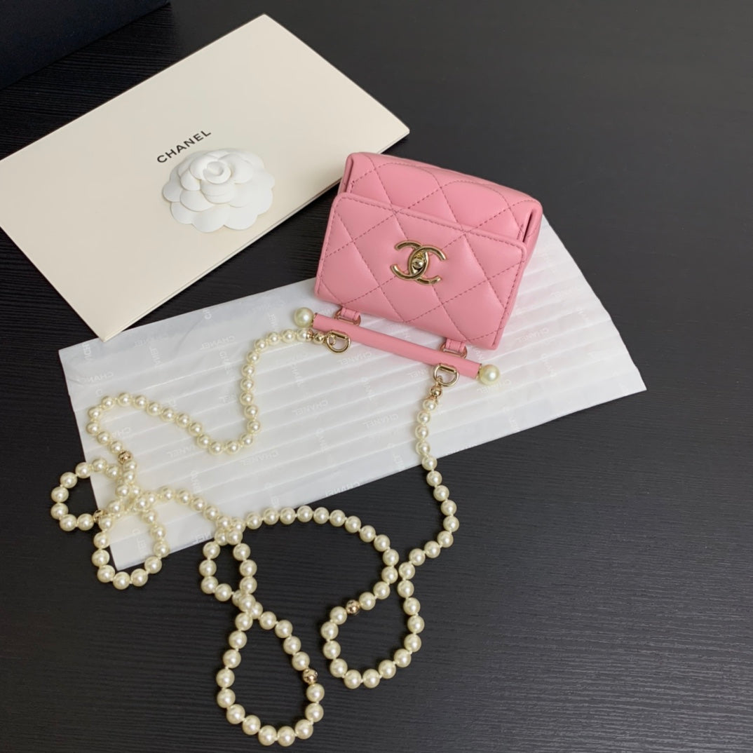 Chanel Pink Quilted Lambskin Leather Card Holder on Chain with Pearl Strap