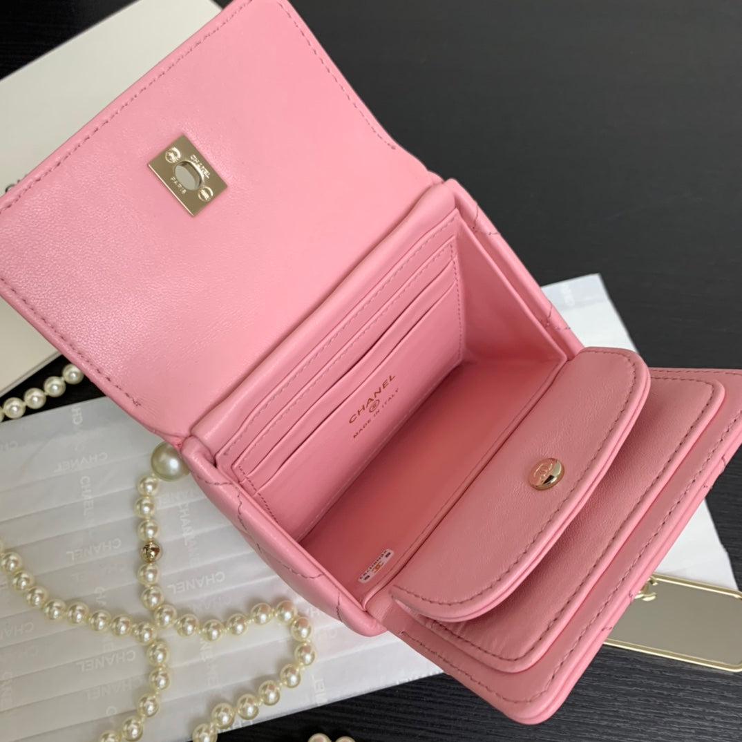 Chanel Pink Quilted Lambskin Leather Card Holder on Chain with Pearl Strap