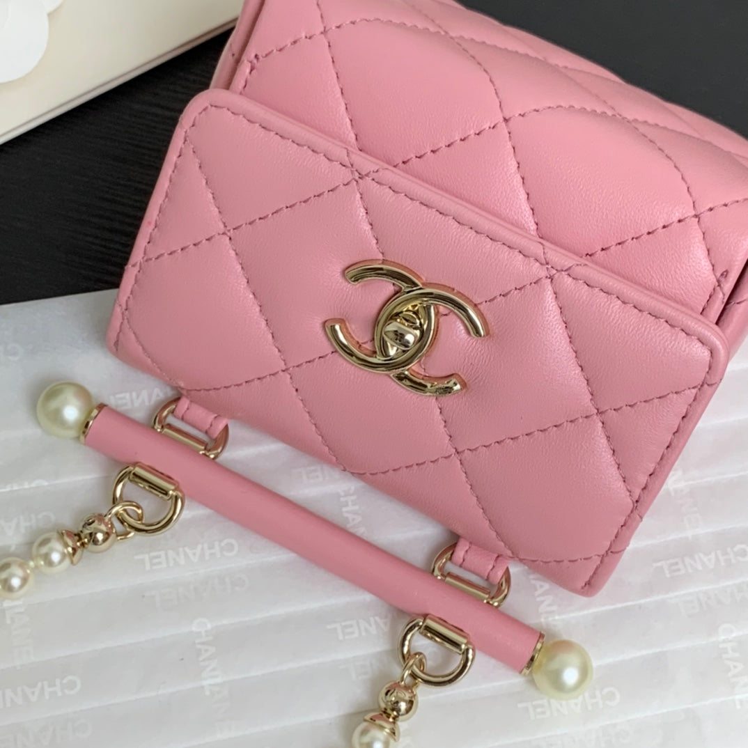 Chanel Pink Quilted Lambskin Leather Card Holder on Chain with Pearl Strap