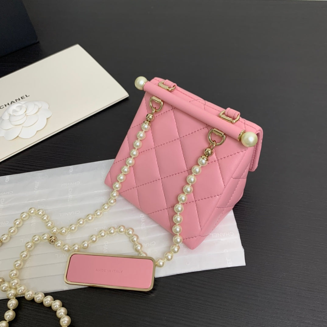 Chanel Pink Quilted Lambskin Leather Card Holder on Chain with Pearl Strap