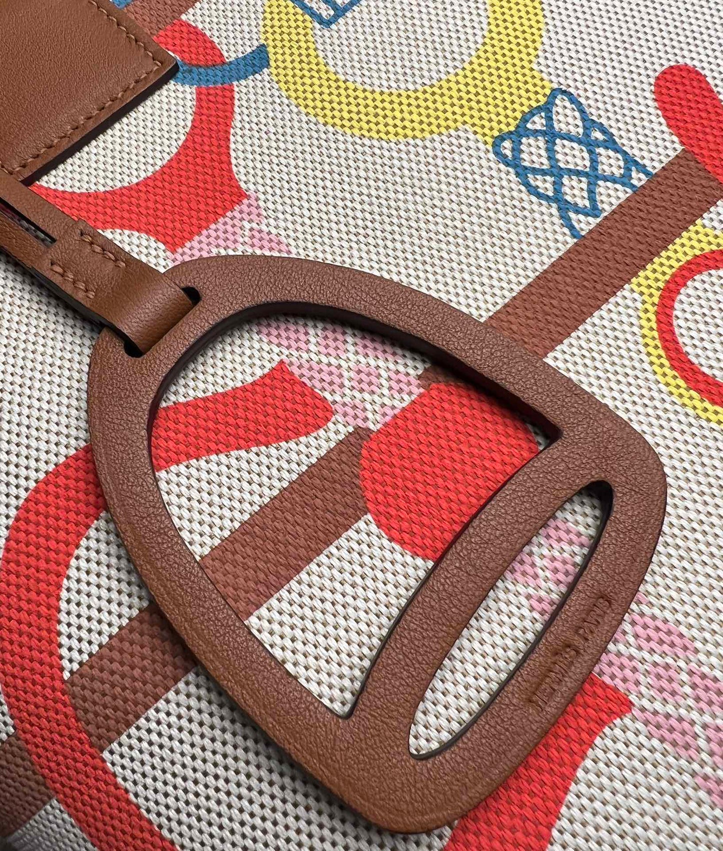 Luxury Stirrup Print Canvas Handbag with Brown Leather Detail