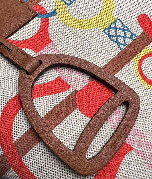 Luxury Stirrup Print Canvas Handbag with Brown Leather Detail