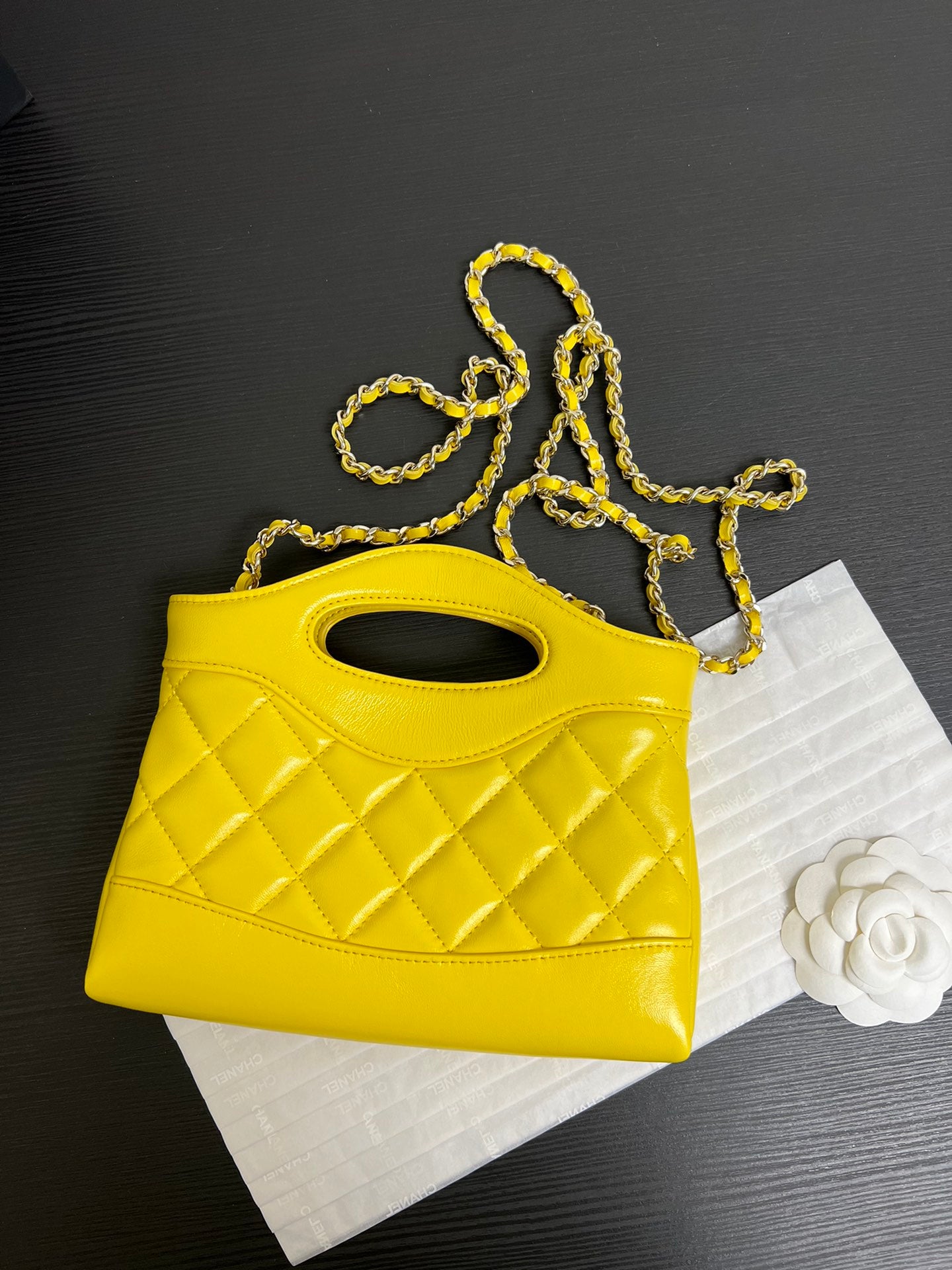 Yellow Quilted Leather Top Handle Bag with Chain Shoulder Strap