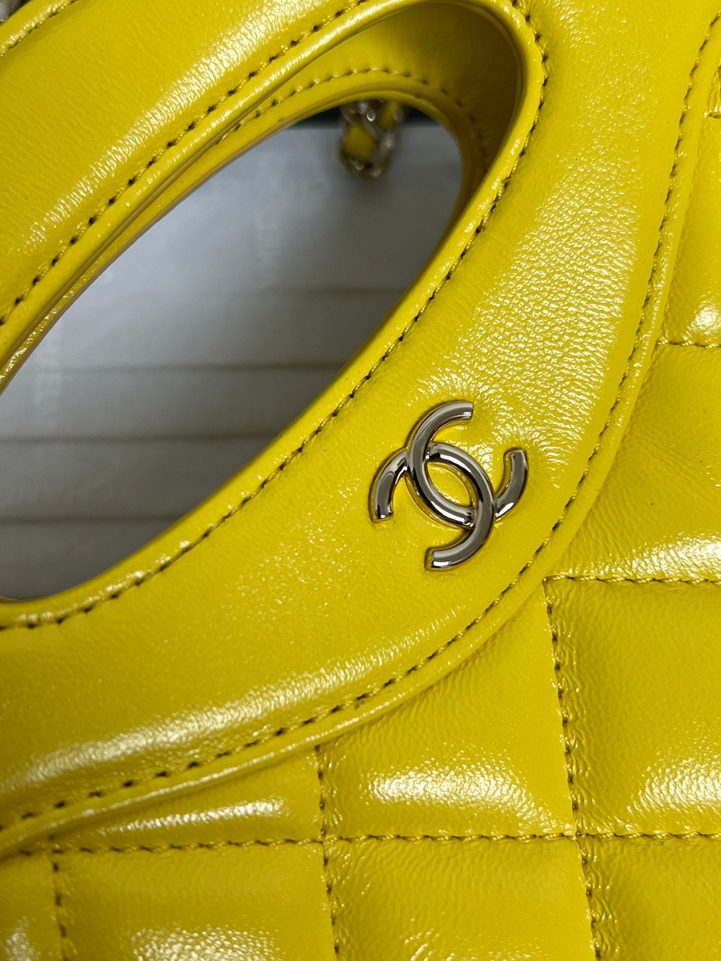 Yellow Quilted Leather Top Handle Bag with Chain Shoulder Strap