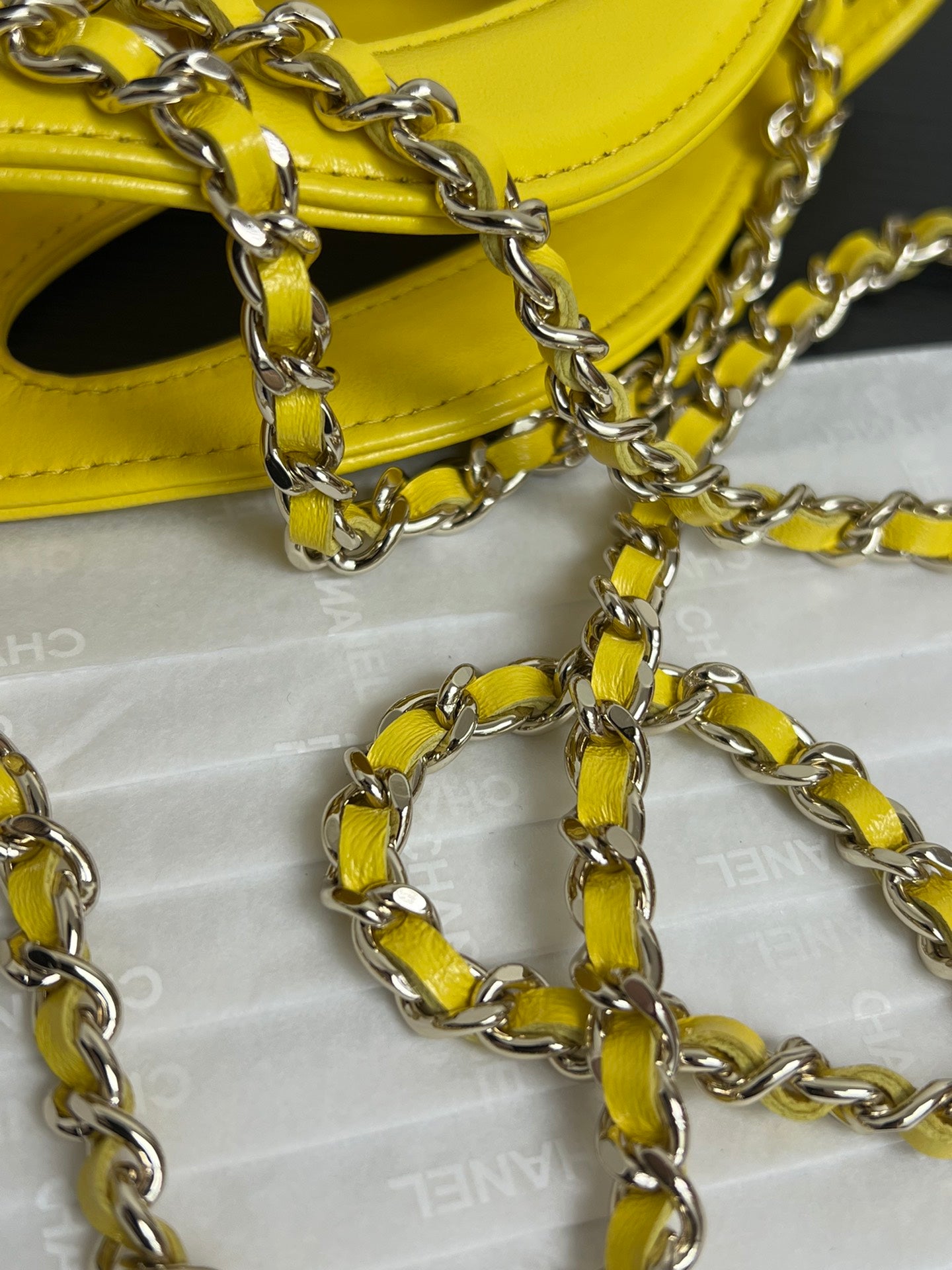 Yellow Quilted Leather Top Handle Bag with Chain Shoulder Strap