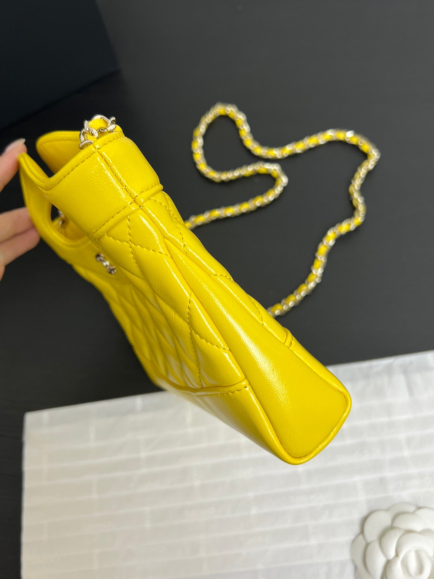 Yellow Quilted Leather Top Handle Bag with Chain Shoulder Strap