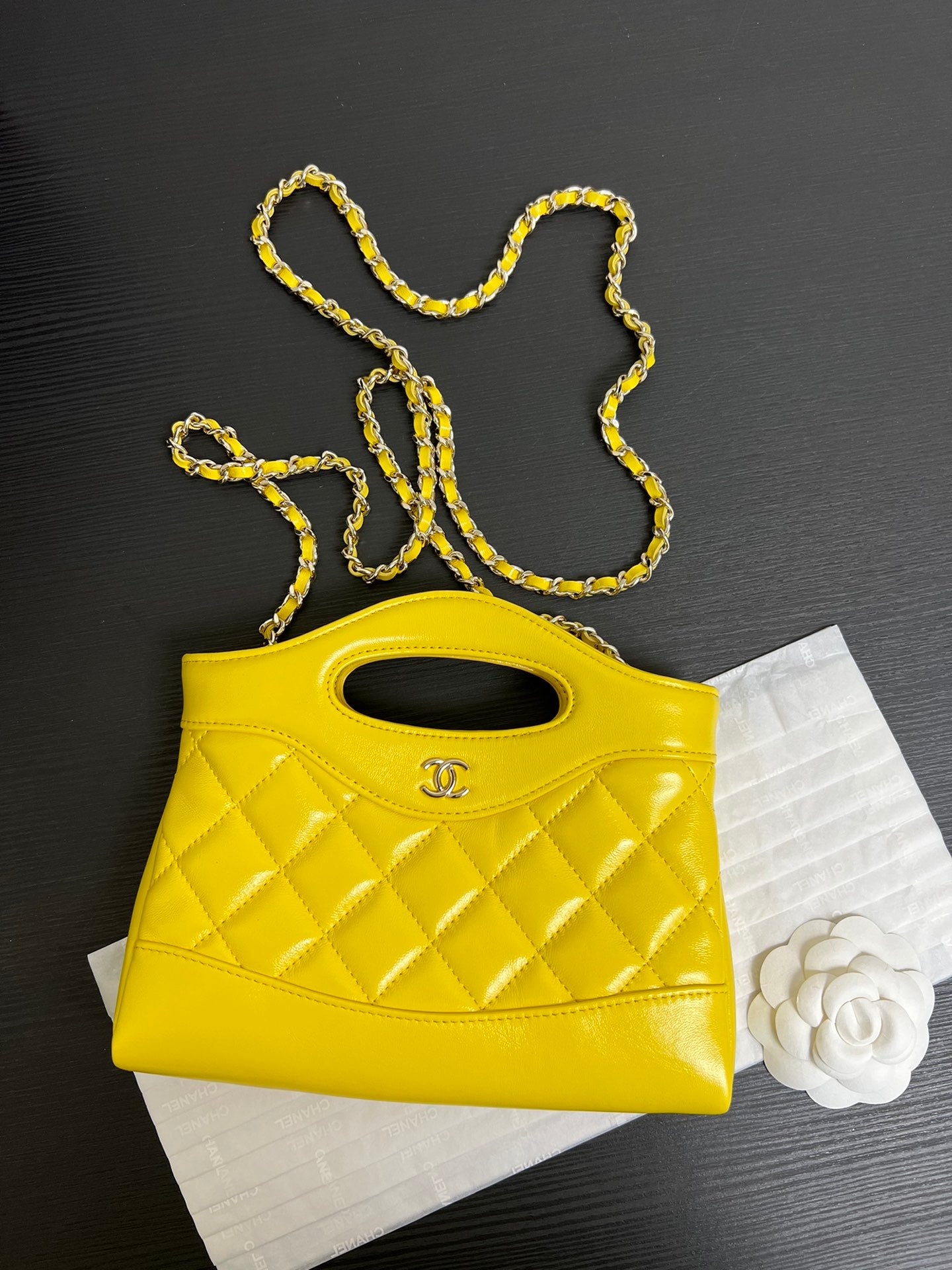 Yellow Quilted Leather Top Handle Bag with Chain Shoulder Strap