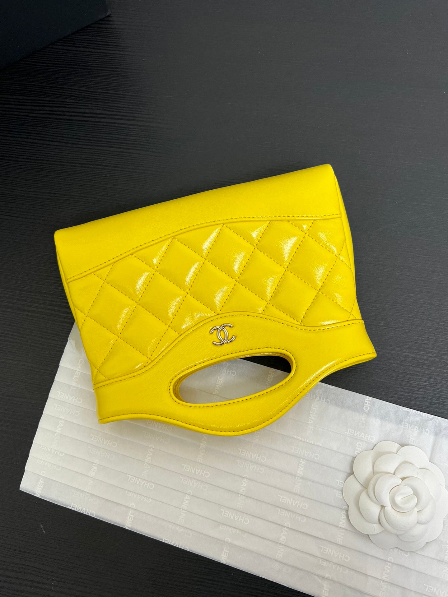 Yellow Quilted Leather Top Handle Bag with Chain Shoulder Strap