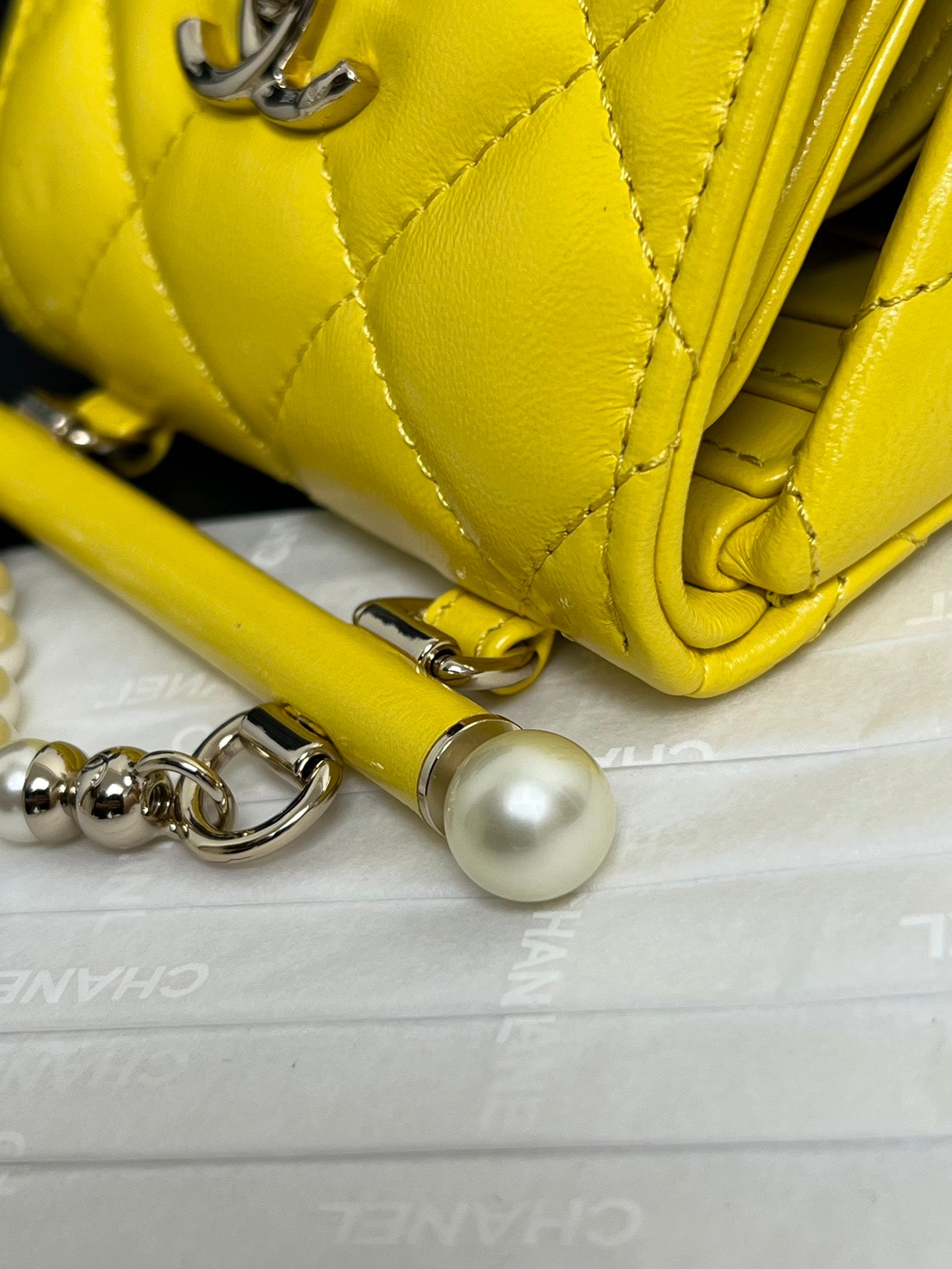 Chanel Yellow Quilted Leather Mini Flap Bag with Pearl Chain Strap