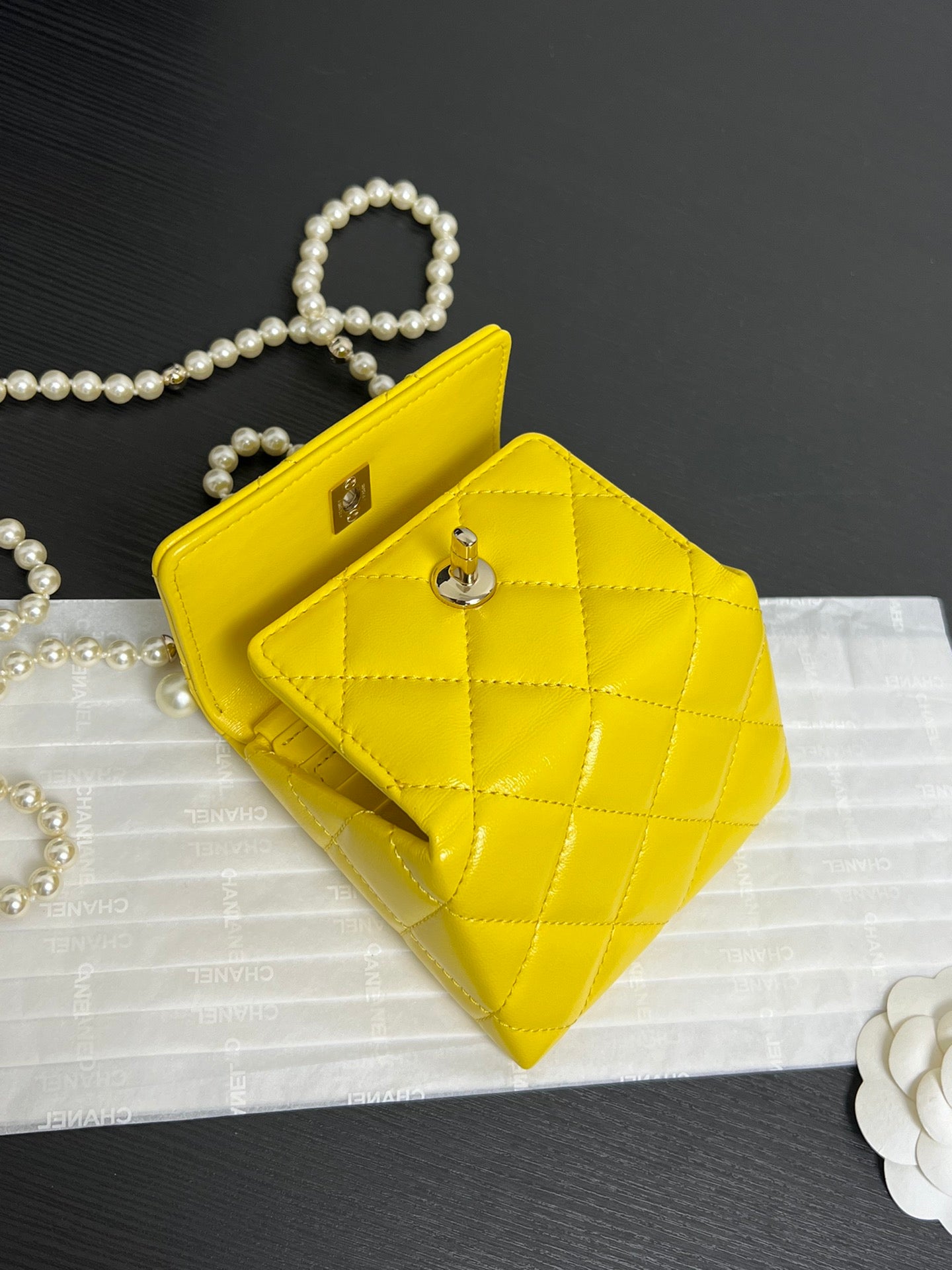 Chanel Yellow Quilted Leather Mini Flap Bag with Pearl Chain Strap