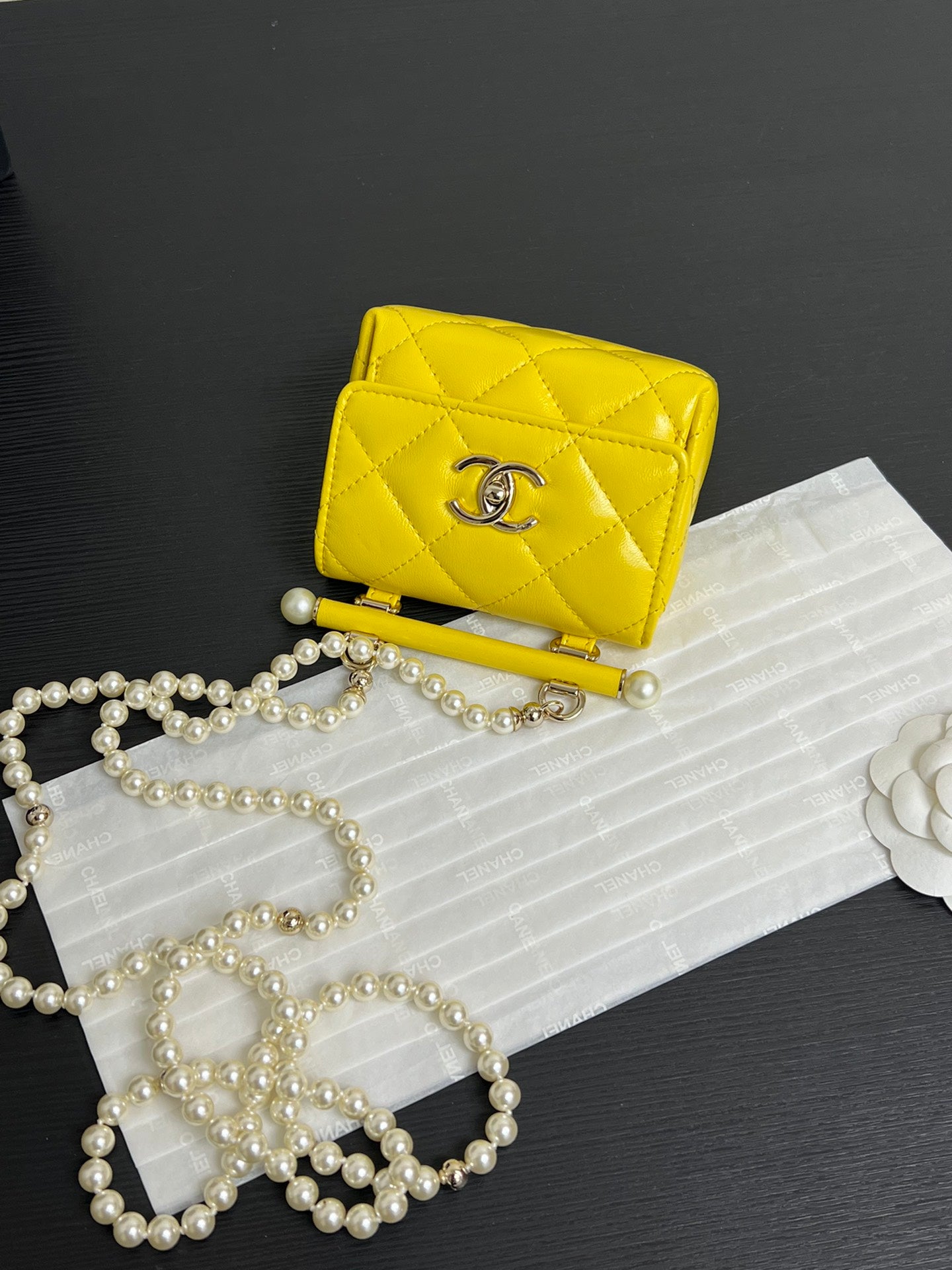 Chanel Yellow Quilted Leather Mini Flap Bag with Pearl Chain Strap