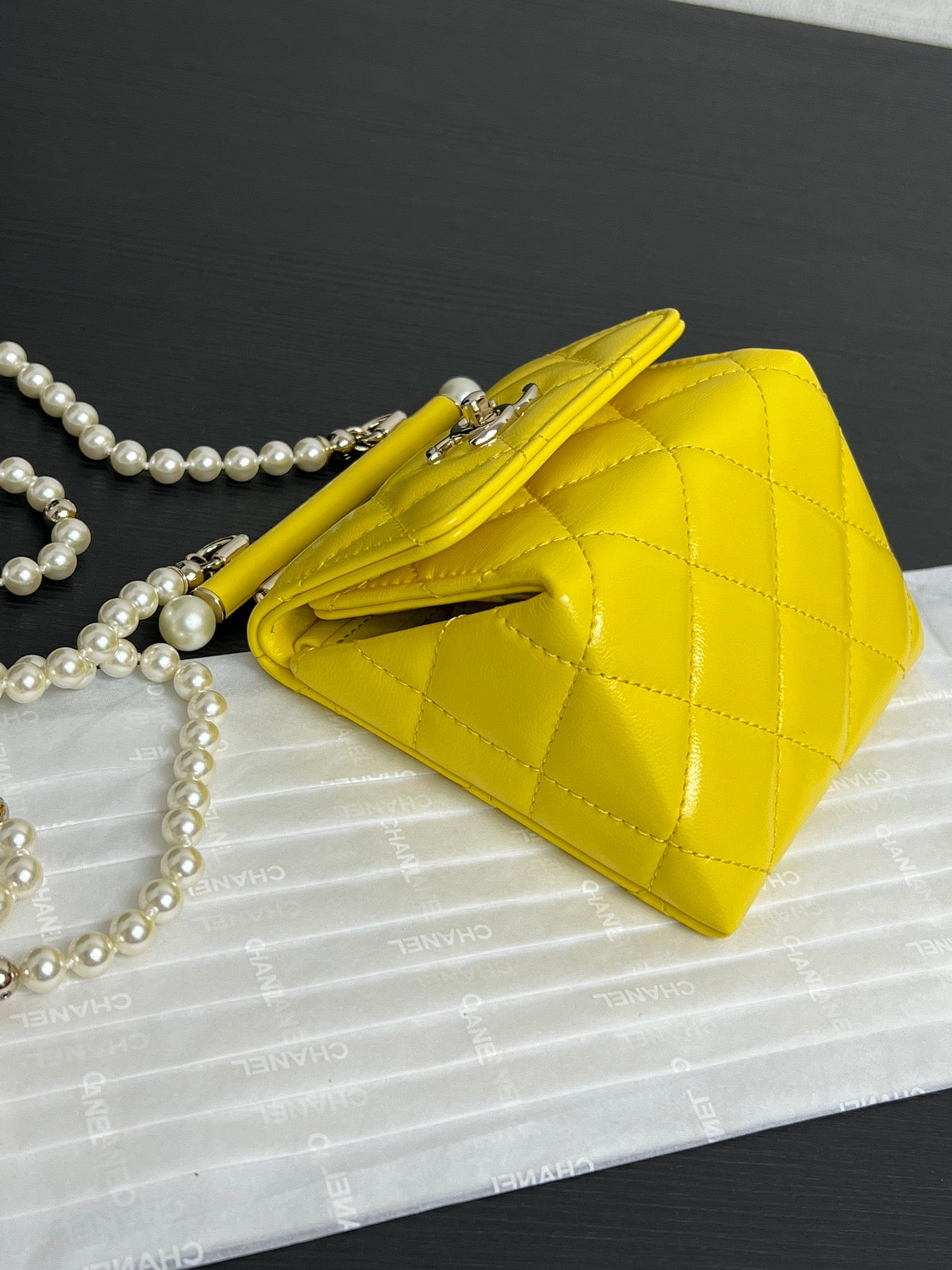 Chanel Yellow Quilted Leather Mini Flap Bag with Pearl Chain Strap