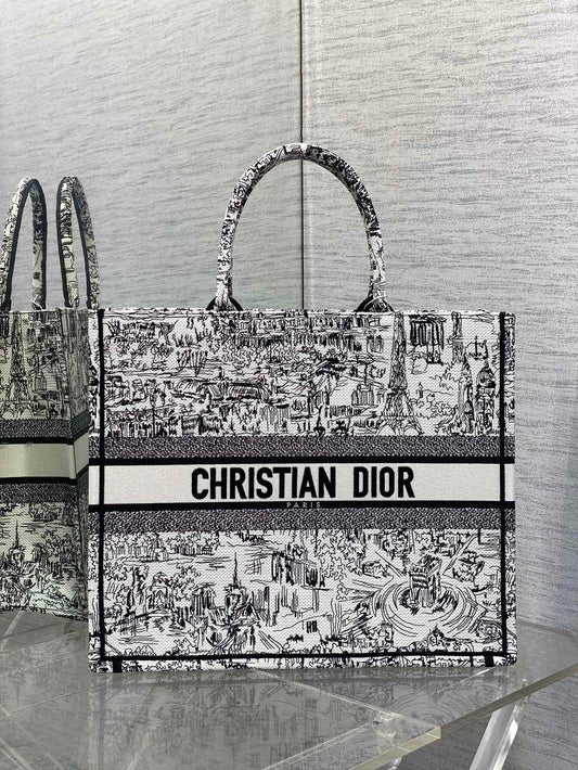 Christian Dior Book Tote Black and White Landscape Embroidery Handbag
