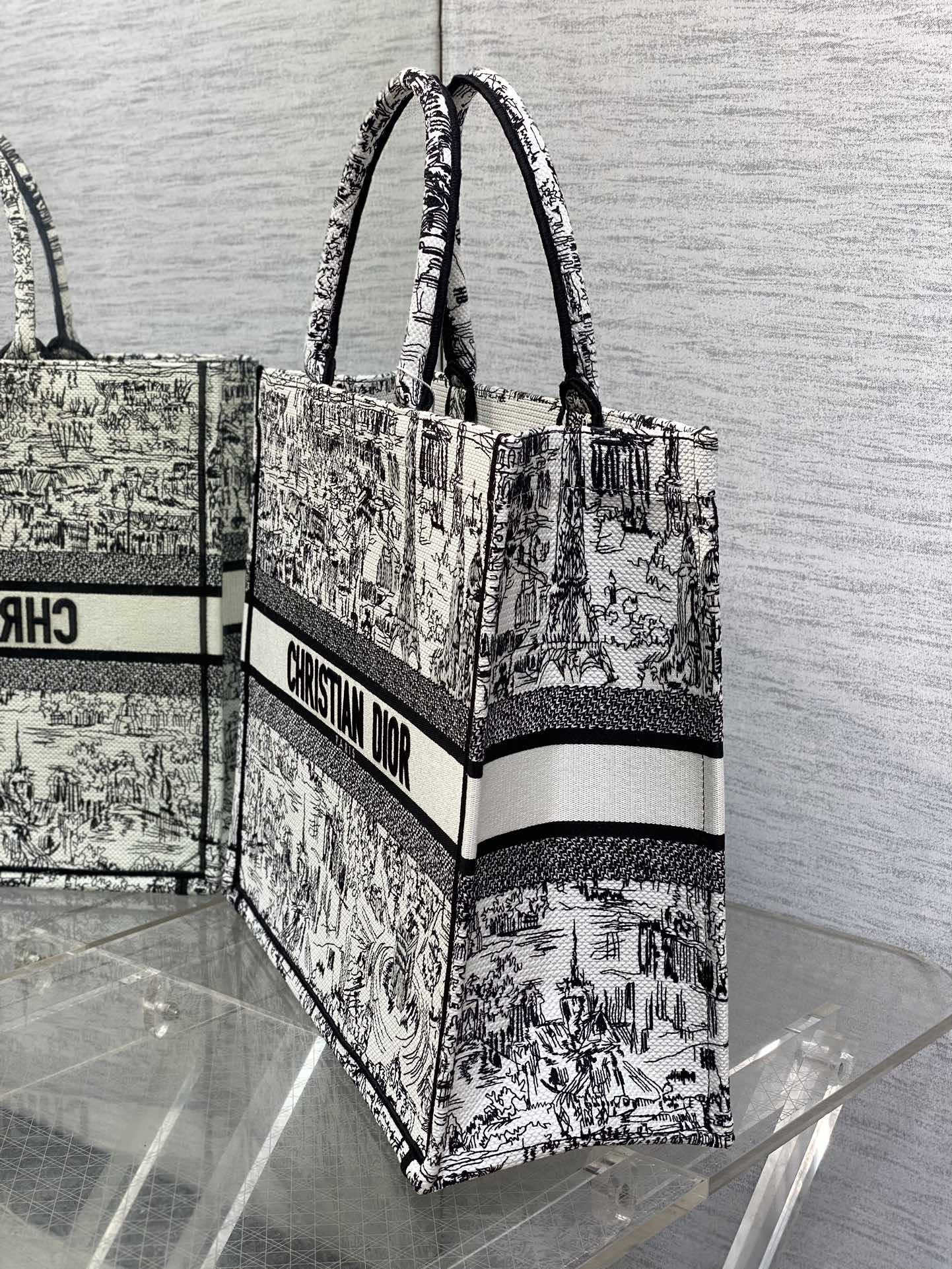 Christian Dior Plan de Paris Large Book Tote - Black and White Embroidered Canvas
