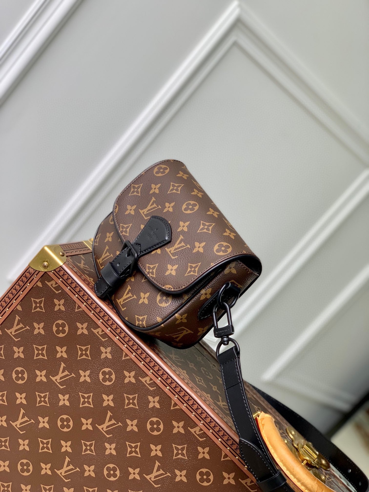 Louis Vuitton Monogram Canvas Crossbody Bag with Black Leather Trim & Hardware