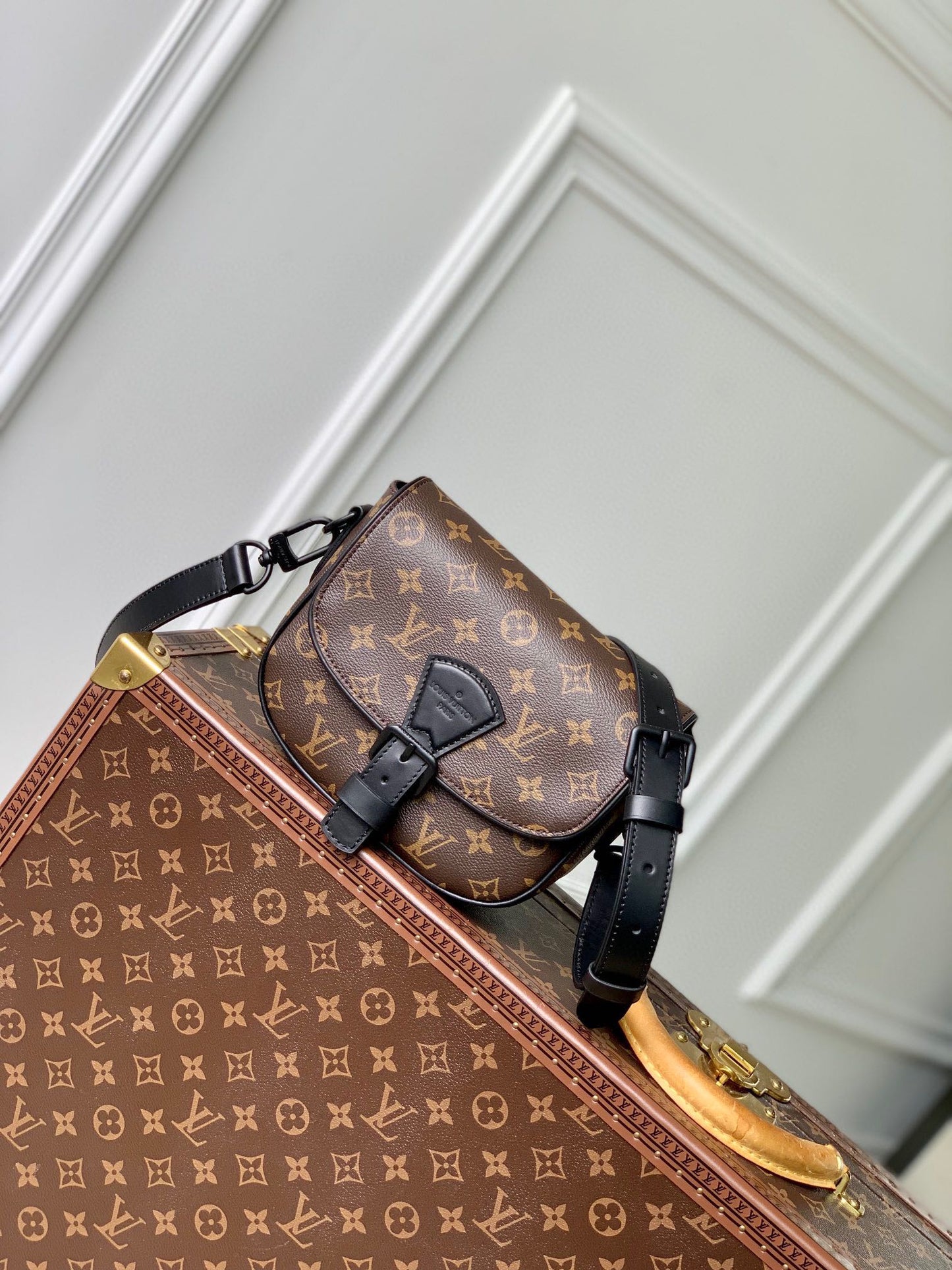 Louis Vuitton Monogram Canvas Crossbody Bag with Black Leather Trim & Hardware