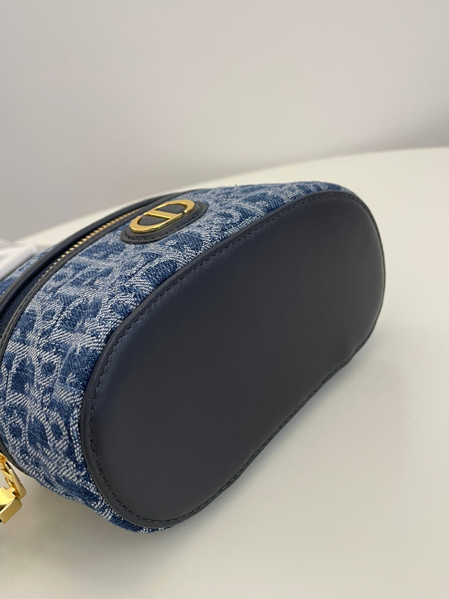 Designer Blue Oblique Canvas Vanity Case with Gold Chain Strap