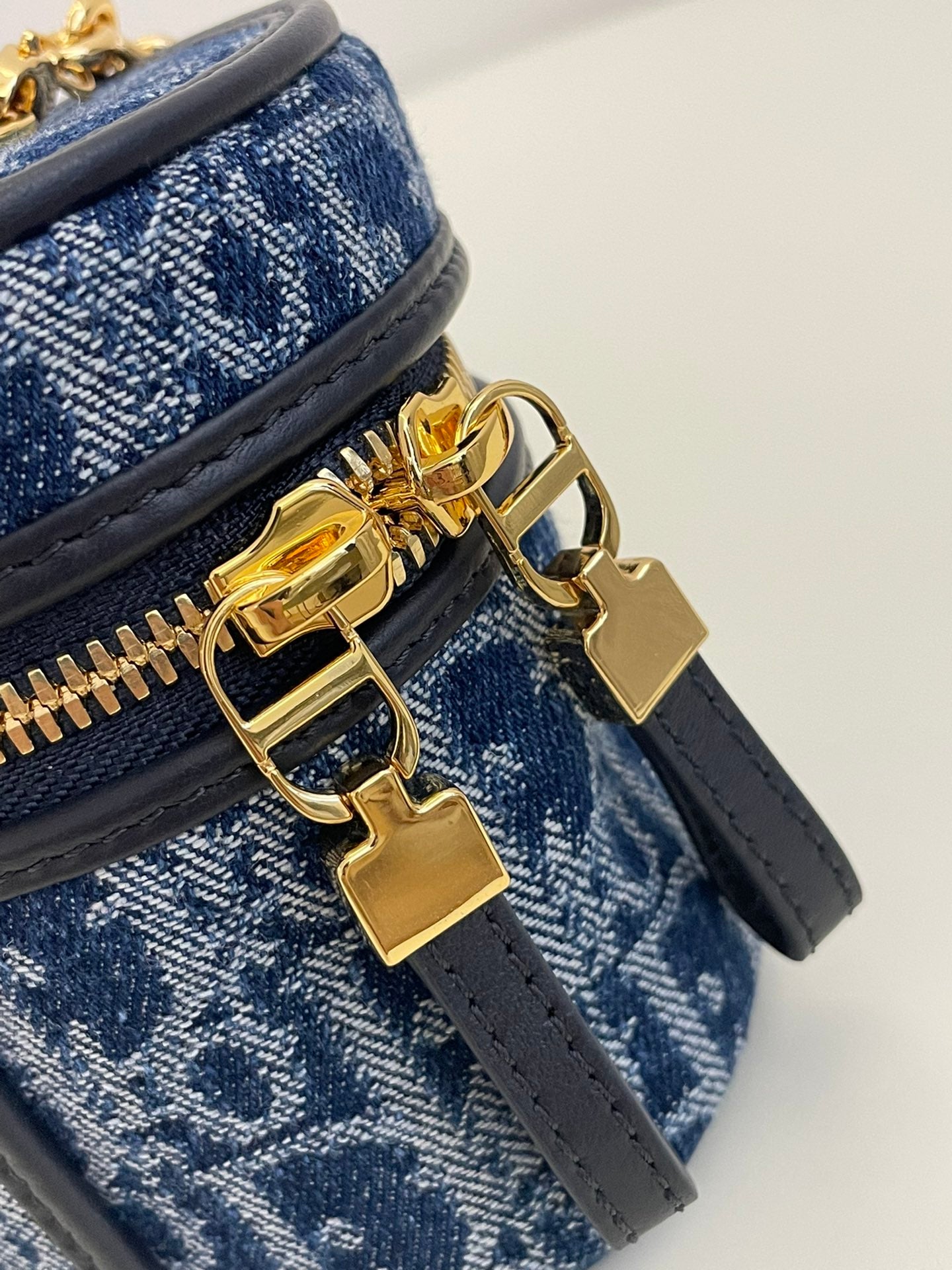 Designer Blue Oblique Canvas Vanity Case with Gold Chain Strap