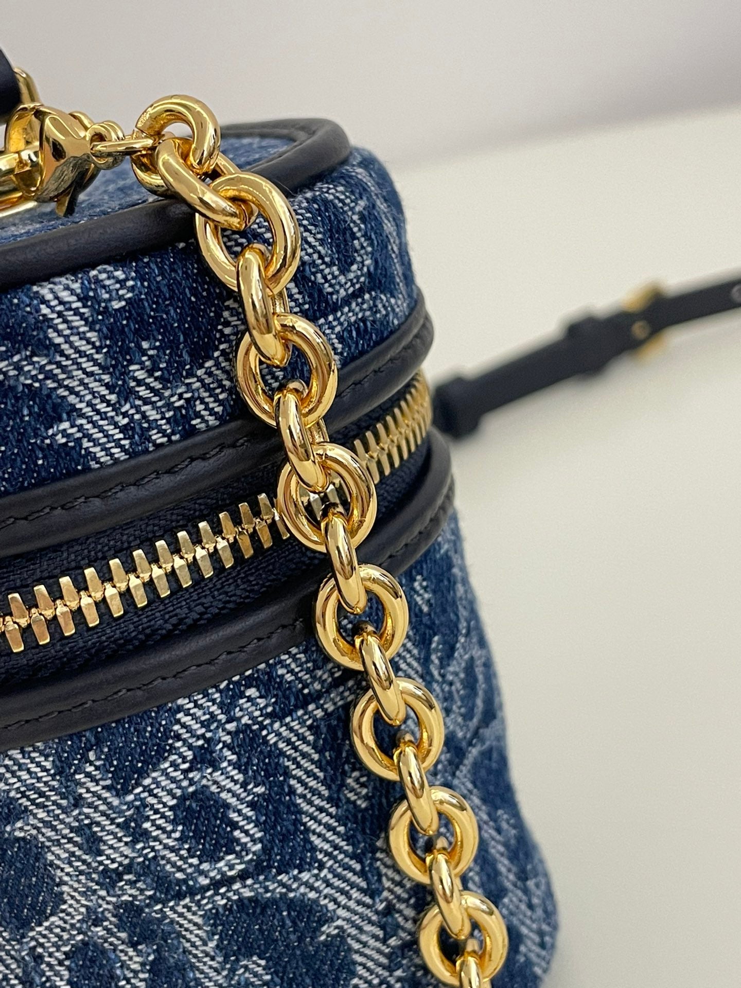 Designer Blue Oblique Canvas Vanity Case with Gold Chain Strap