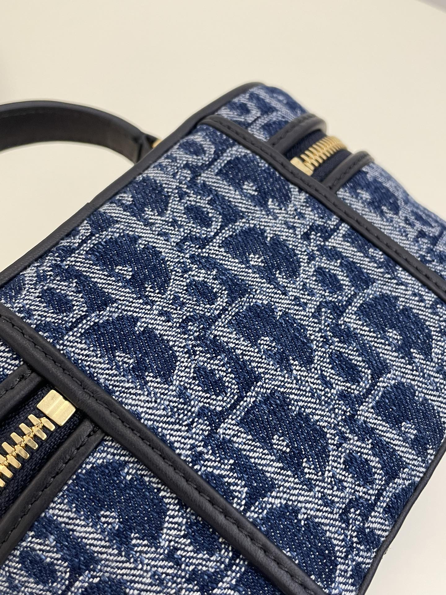 Designer Blue Oblique Canvas Vanity Case with Gold Chain Strap
