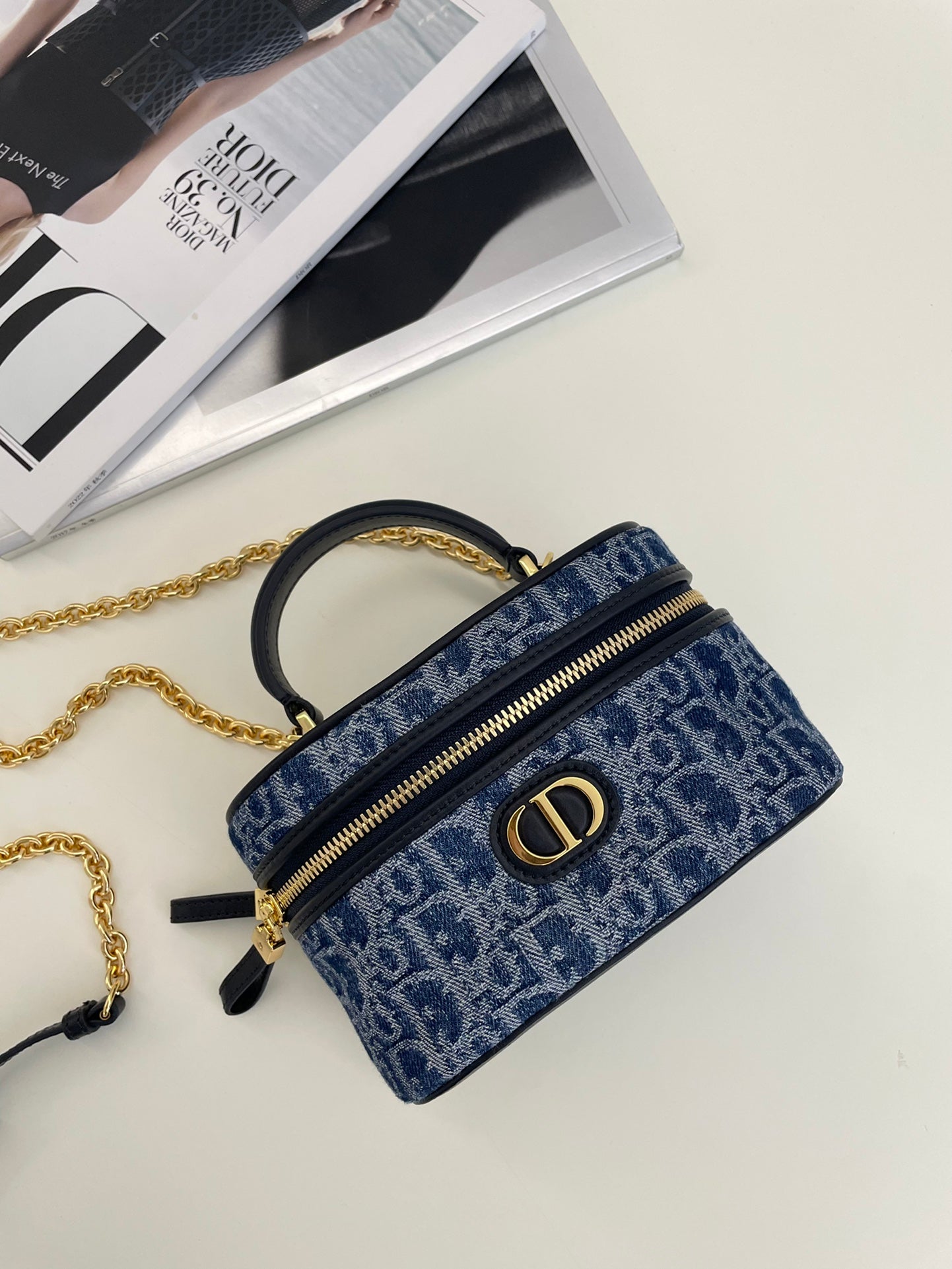 Designer Blue Oblique Canvas Vanity Case with Gold Chain Strap
