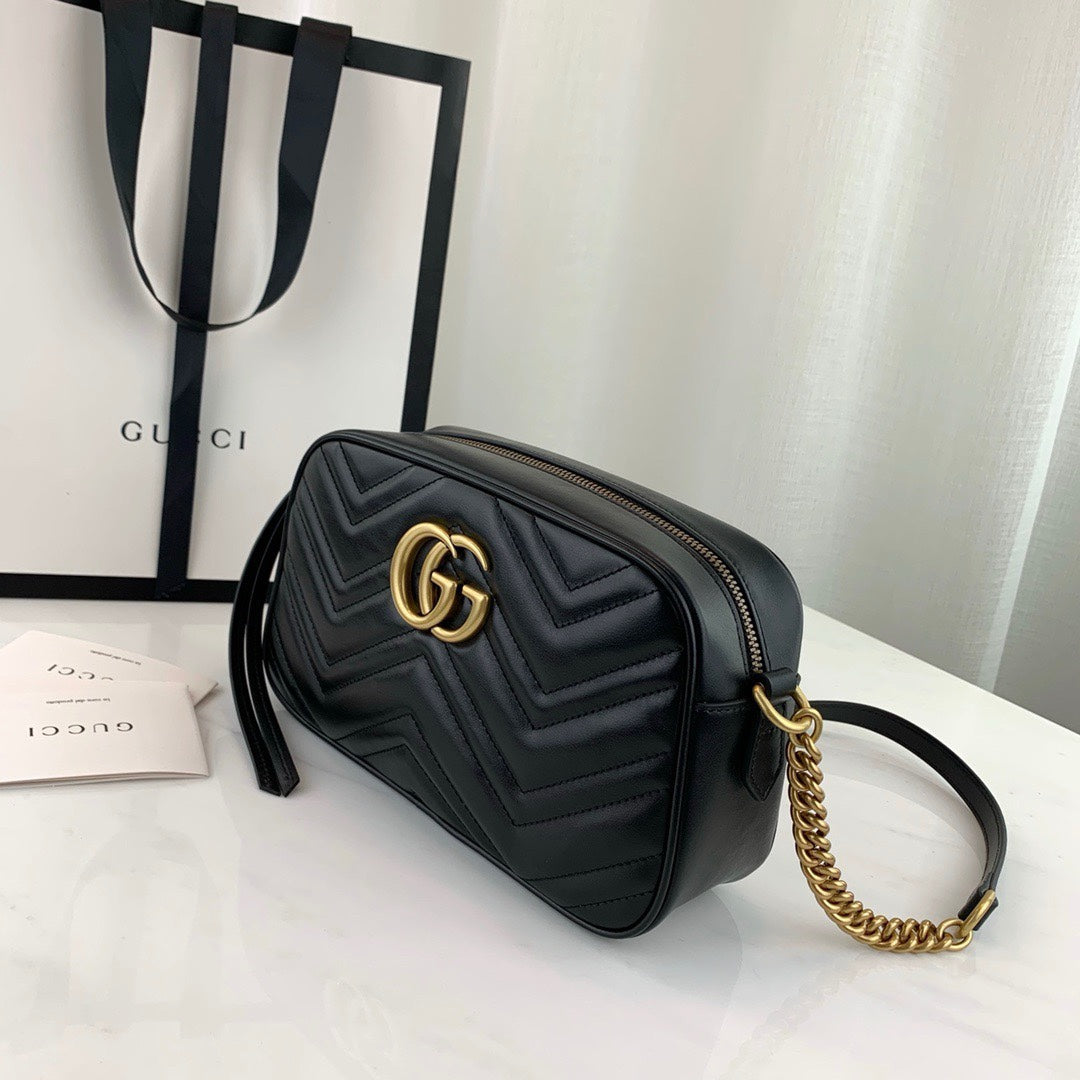 Gucci Black Quilted Chevron Leather Crossbody Camera Bag with Gold Chain