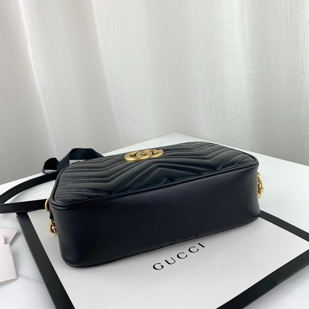 Gucci Black Quilted Chevron Leather Crossbody Camera Bag with Gold Chain