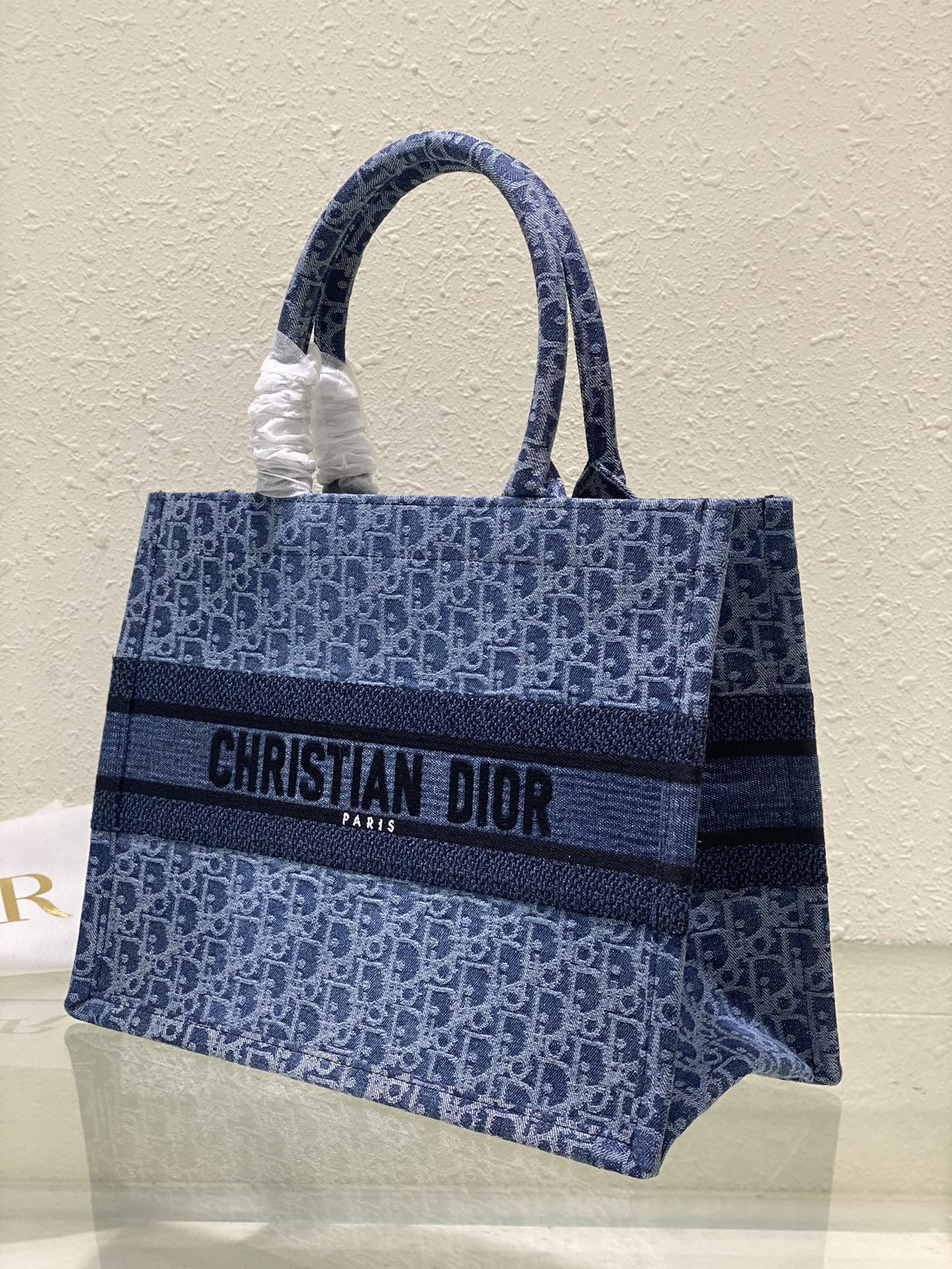 Dior Blue Monogram Embroidered Canvas Tote Bag with Top Handles