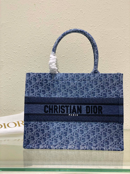 Christian Dior Small Book Tote Bag Blue Dior Oblique Embroidery