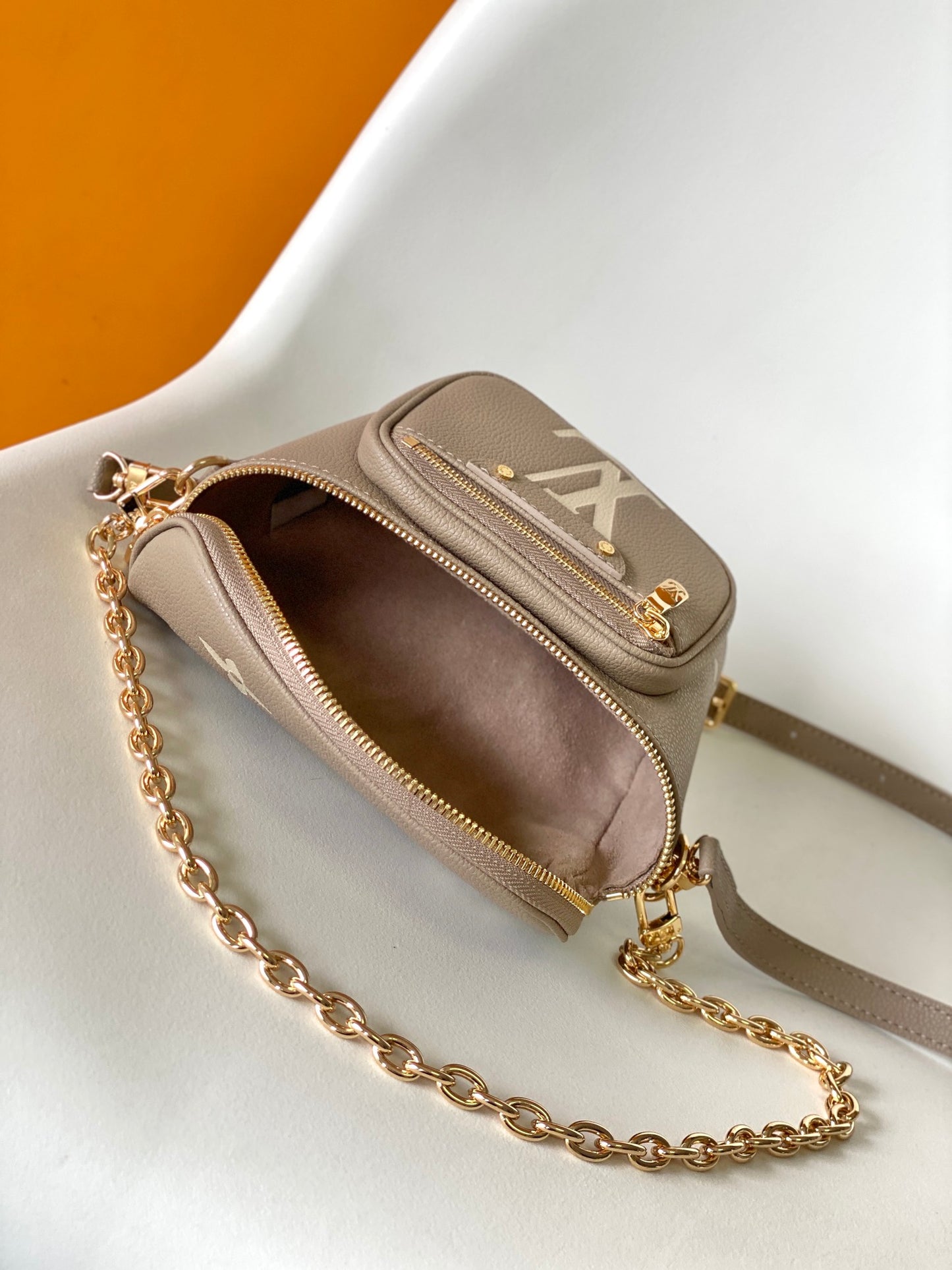 Louis Vuitton Taupe Embossed Leather Crossbody Bag with Gold Chain Strap
