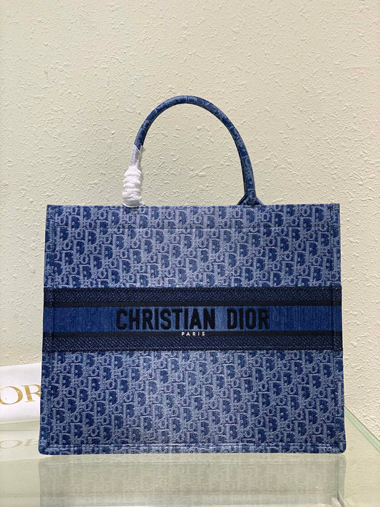 Christian Dior Blue Oblique Embroidery Medium Book Tote Bag
