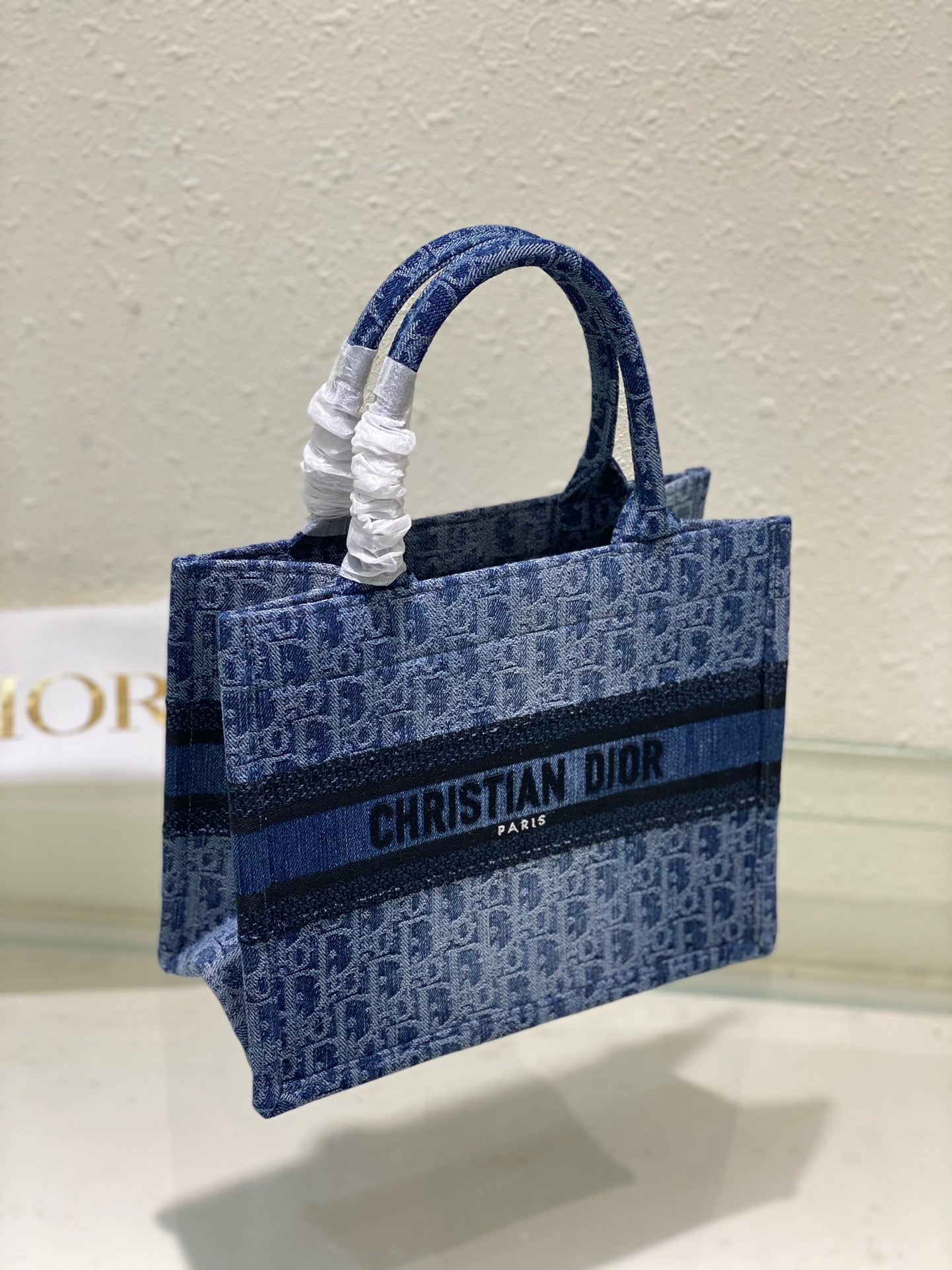 Dior Blue Monogram Embroidered Canvas Top Handle Tote Handbag