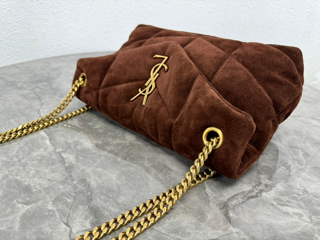 Saint Laurent Loulou Puffer Small Shoulder Bag in Dark Brown Suede