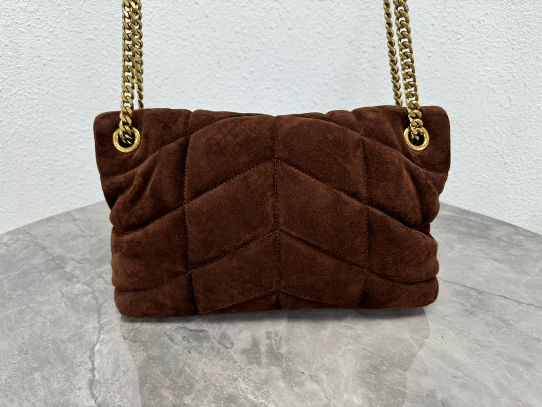 Saint Laurent Loulou Puffer Small Shoulder Bag in Dark Brown Suede