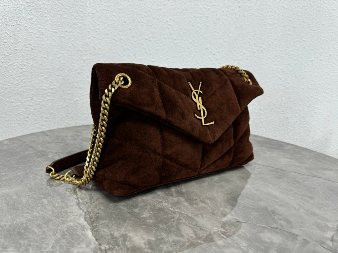 Saint Laurent Loulou Puffer Small Shoulder Bag in Dark Brown Suede
